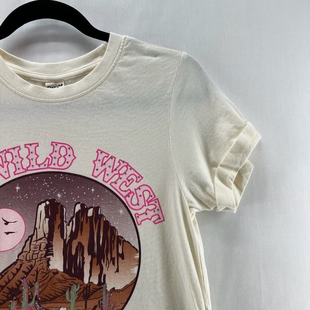 Darling Blue Cropped Shirt Womens XS Crew Neck Cuffed Go Wild West Graphic Cream - Picture 4 of 9